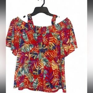 MELLODAY Vibrant Leaf Print Off-Shoulder Blouse NWT